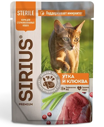 картинка Sirius Консервы для кошек (Утка с клюквой в соусе) магазин Одежда+ являющийся официальным дистрибьютором в России 