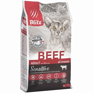 картинка BLITZ Sensitive Adult Cat (Говядина) магазин Одежда+ являющийся официальным дистрибьютором в России 