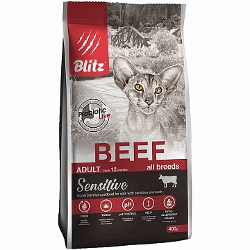 картинка BLITZ Sensitive Adult Cat (Говядина) магазин Одежда+ являющийся официальным дистрибьютором в России 