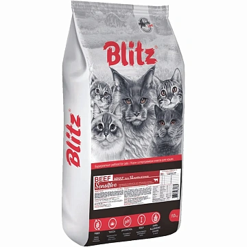 картинка BLITZ Sensitive Adult Cat (Говядина) магазин Одежда+ являющийся официальным дистрибьютором в России 